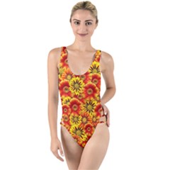 Brilliant Orange And Yellow Daisies High Leg Strappy Swimsuit by retrotoomoderndesigns