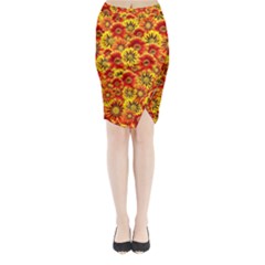 Brilliant Orange And Yellow Daisies Midi Wrap Pencil Skirt by retrotoomoderndesigns