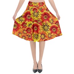 Brilliant Orange And Yellow Daisies Flared Midi Skirt by retrotoomoderndesigns