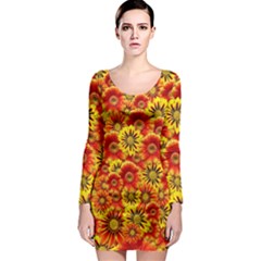 Brilliant Orange And Yellow Daisies Long Sleeve Bodycon Dress