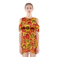 Brilliant Orange And Yellow Daisies Shoulder Cutout One Piece Dress