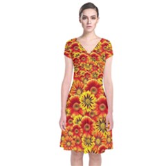 Brilliant Orange And Yellow Daisies Short Sleeve Front Wrap Dress