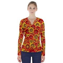 Brilliant Orange And Yellow Daisies V-Neck Long Sleeve Top