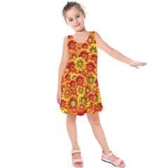 Brilliant Orange And Yellow Daisies Kids  Sleeveless Dress