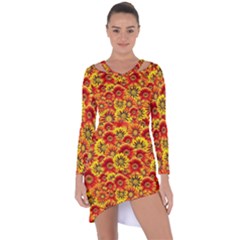 Brilliant Orange And Yellow Daisies Asymmetric Cut-Out Shift Dress