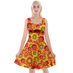 Brilliant Orange And Yellow Daisies Reversible Velvet Sleeveless Dress by retrotoomoderndesigns