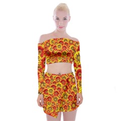 Brilliant Orange And Yellow Daisies Off Shoulder Top with Mini Skirt Set