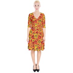 Brilliant Orange And Yellow Daisies Wrap Up Cocktail Dress
