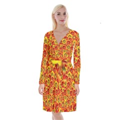 Brilliant Orange And Yellow Daisies Long Sleeve Velvet Front Wrap Dress