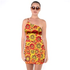 Brilliant Orange And Yellow Daisies One Soulder Bodycon Dress by retrotoomoderndesigns