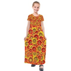 Brilliant Orange And Yellow Daisies Kids  Short Sleeve Maxi Dress