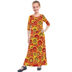 Brilliant Orange And Yellow Daisies Kids  Quarter Sleeve Maxi Dress