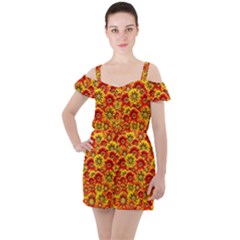 Brilliant Orange And Yellow Daisies Ruffle Cut Out Chiffon Playsuit