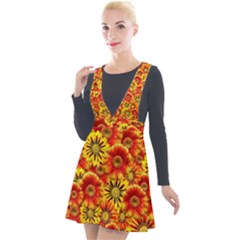 Brilliant Orange And Yellow Daisies Plunge Pinafore Velour Dress by retrotoomoderndesigns