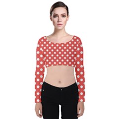 Red White Polka Dots Velvet Long Sleeve Crop Top