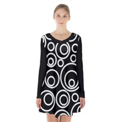 Abstract White On Black Circles Design Long Sleeve Velvet V-neck Dress by LoolyElzayat