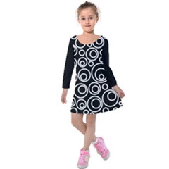 Abstract White On Black Circles Design Kids  Long Sleeve Velvet Dress by LoolyElzayat