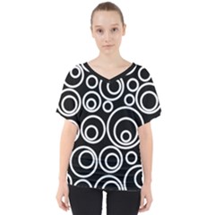 Abstract White On Black Circles Design V-neck Dolman Drape Top by LoolyElzayat