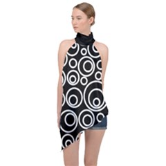 Abstract White On Black Circles Design Halter Asymmetric Satin Top by LoolyElzayat