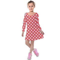 Red White Polka Dots Kids  Long Sleeve Velvet Dress by retrotoomoderndesigns