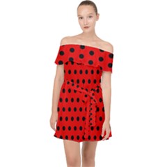 Red Black Polka Dots Off Shoulder Chiffon Dress by retrotoomoderndesigns