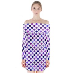 Shades Of Purple Polka Dots Long Sleeve Off Shoulder Dress by retrotoomoderndesigns