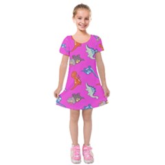 Dinosaurs - Fuchsia Kids  Short Sleeve Velvet Dress by WensdaiAmbrose