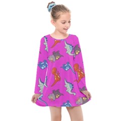 Dinosaurs - Fuchsia Kids  Long Sleeve Dress by WensdaiAmbrose