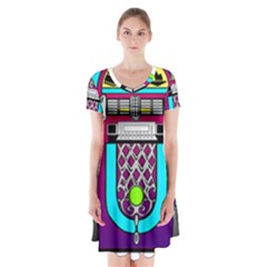 Jukebox Music Music Player Short Sleeve V-neck Flare Dress by Wegoenart