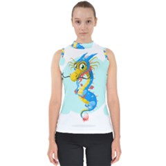 Dragon Chinese Blue Mustache China Mock Neck Shell Top