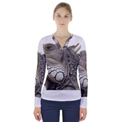 Iguana Portrait Profile Close Up V-neck Long Sleeve Top by Wegoenart