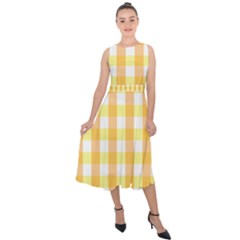 Gingham Duo Orange On Yellow Midi Tie-back Chiffon Dress by retrotoomoderndesigns