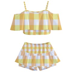 Gingham Duo Orange On Yellow Kids  Off Shoulder Skirt Bikini by retrotoomoderndesigns