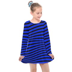 Black And Blue Linear Abstract Print Kids  Long Sleeve Dress