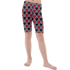 Red & Black Hearts - Grey Kids  Mid Length Swim Shorts