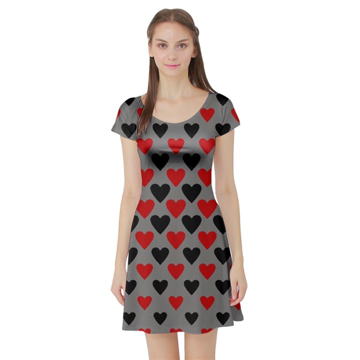 Red & Black Hearts - grey Short Sleeve Skater Dress
