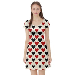 Red & Black Hearts - Eggshell Short Sleeve Skater Dress by WensdaiAmbrose