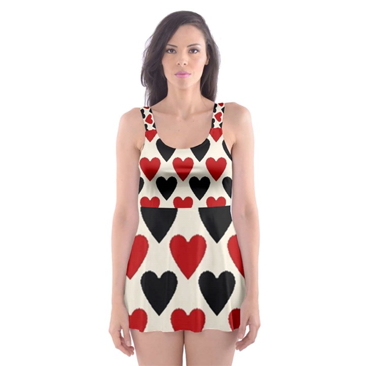 Red & Black Hearts - Eggshell Skater Dress Swimsuit