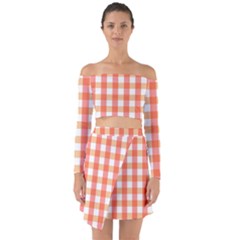 Gingham Duo Red On Orange Off Shoulder Top With Skirt Set by retrotoomoderndesigns