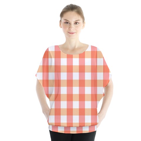 Gingham Duo Red On Orange Batwing Chiffon Blouse by retrotoomoderndesigns