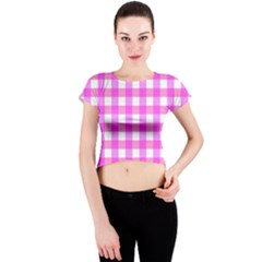 Gingham Duo Fuschia On Pink Crew Neck Crop Top by retrotoomoderndesigns