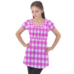 Gingham Duo Fuschia On Pink Puff Sleeve Tunic Top by retrotoomoderndesigns