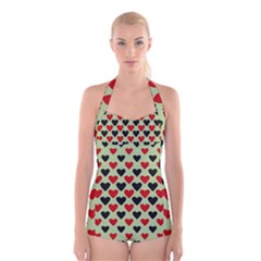 Red & Black Hearts - Olive Boyleg Halter Swimsuit  by WensdaiAmbrose