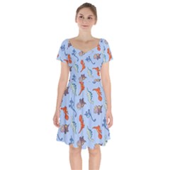 Dinosaurs - Baby Blue Short Sleeve Bardot Dress by WensdaiAmbrose