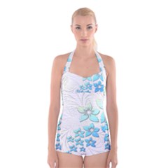 Flowers Background Leaf Leaves Blue Boyleg Halter Swimsuit 