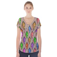 Abstract Background Colorful Leaves Short Sleeve Front Detail Top by Alisyart