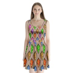Abstract Background Colorful Leaves Split Back Mini Dress 