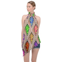 Abstract Background Colorful Leaves Halter Asymmetric Satin Top by Alisyart