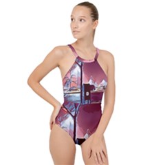 Post Office Mail Mailbox Night High Neck One Piece Swimsuit