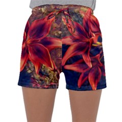 Red Lillies Bloom Flower Plant Sleepwear Shorts by Pakrebo